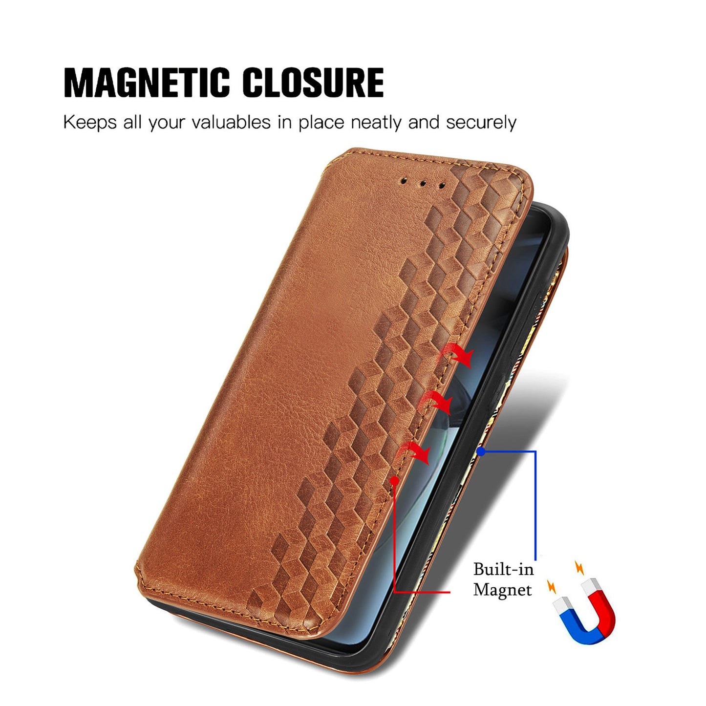 Shockproof PU Leather Phone Cover For Motorola Moto G72 4G, Magnetic Absorption Rhombus Imprinted Wallet Case Stand