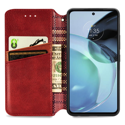 Shockproof PU Leather Phone Cover For Motorola Moto G72 4G, Magnetic Absorption Rhombus Imprinted Wallet Case Stand