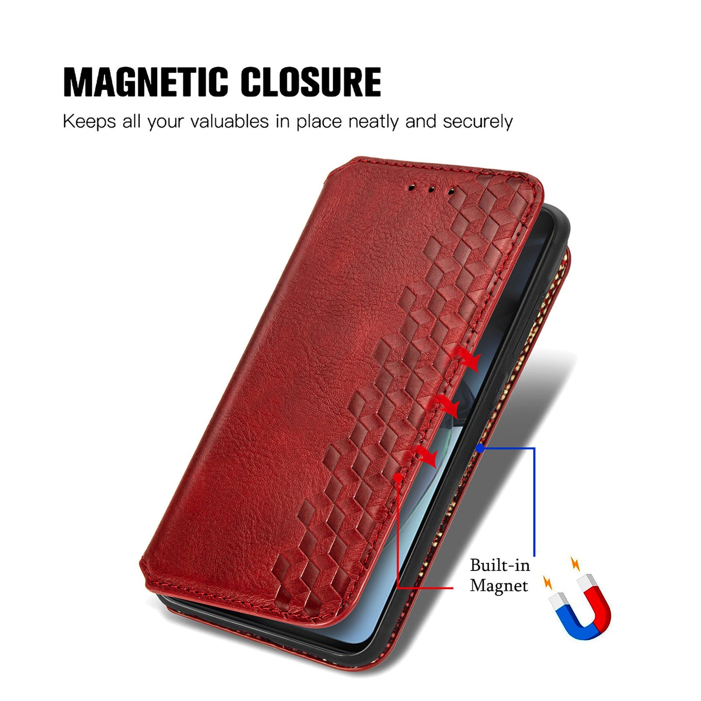 Shockproof PU Leather Phone Cover For Motorola Moto G72 4G, Magnetic Absorption Rhombus Imprinted Wallet Case Stand