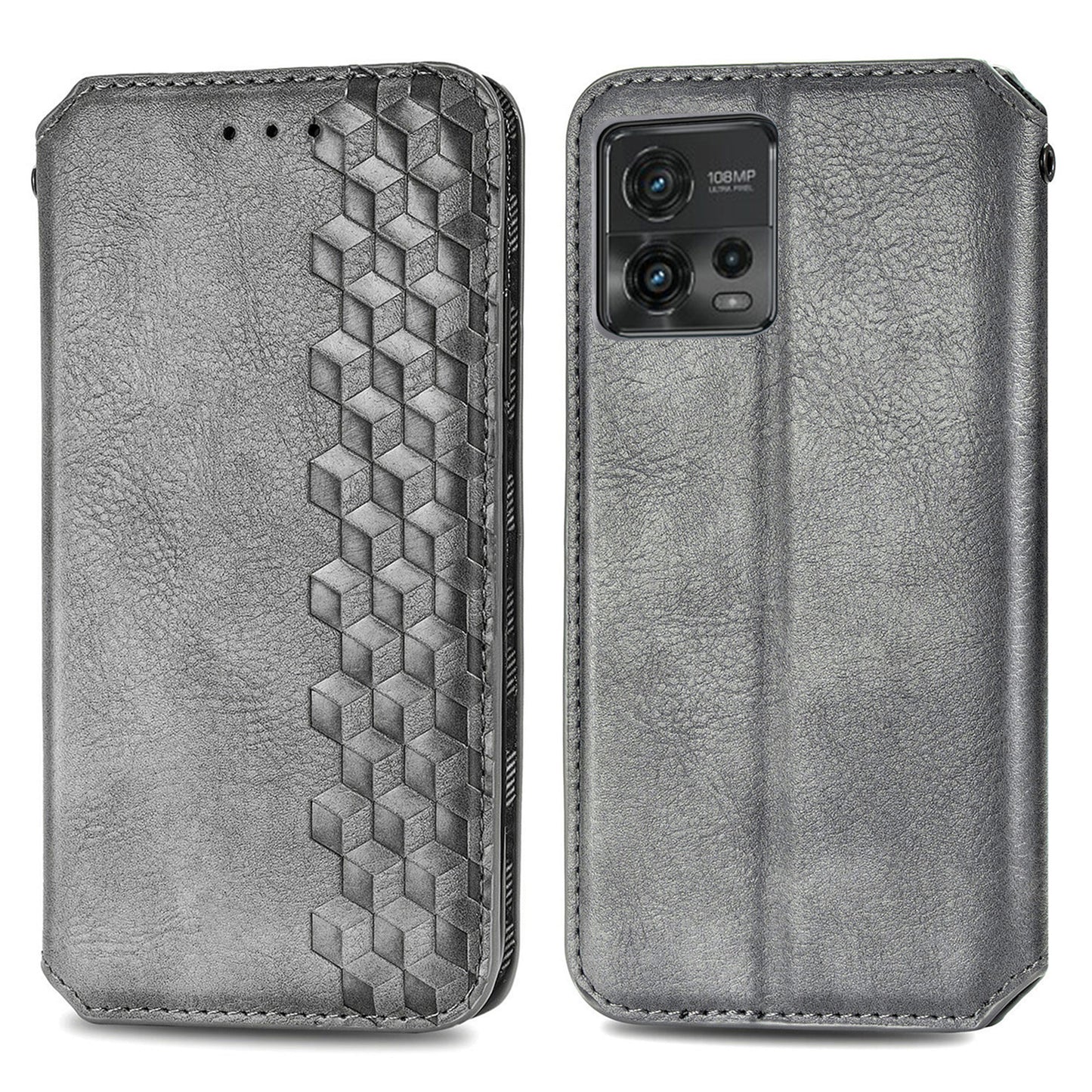 Shockproof PU Leather Phone Cover For Motorola Moto G72 4G, Magnetic Absorption Rhombus Imprinted Wallet Case Stand