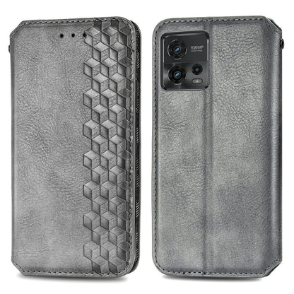 Shockproof PU Leather Phone Cover For Motorola Moto G72 4G, Magnetic Absorption Rhombus Imprinted Wallet Case Stand