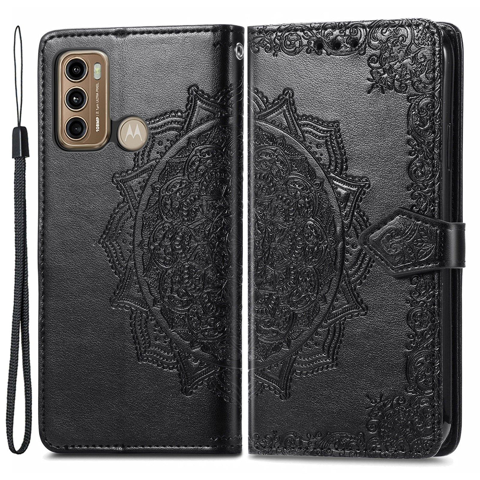 For Motorola Moto G60 4G Embossed Mandala Pattern PU Leather Flip Protective Case Magnetic Clasp Wallet Stand Function Phone Cover with Strap