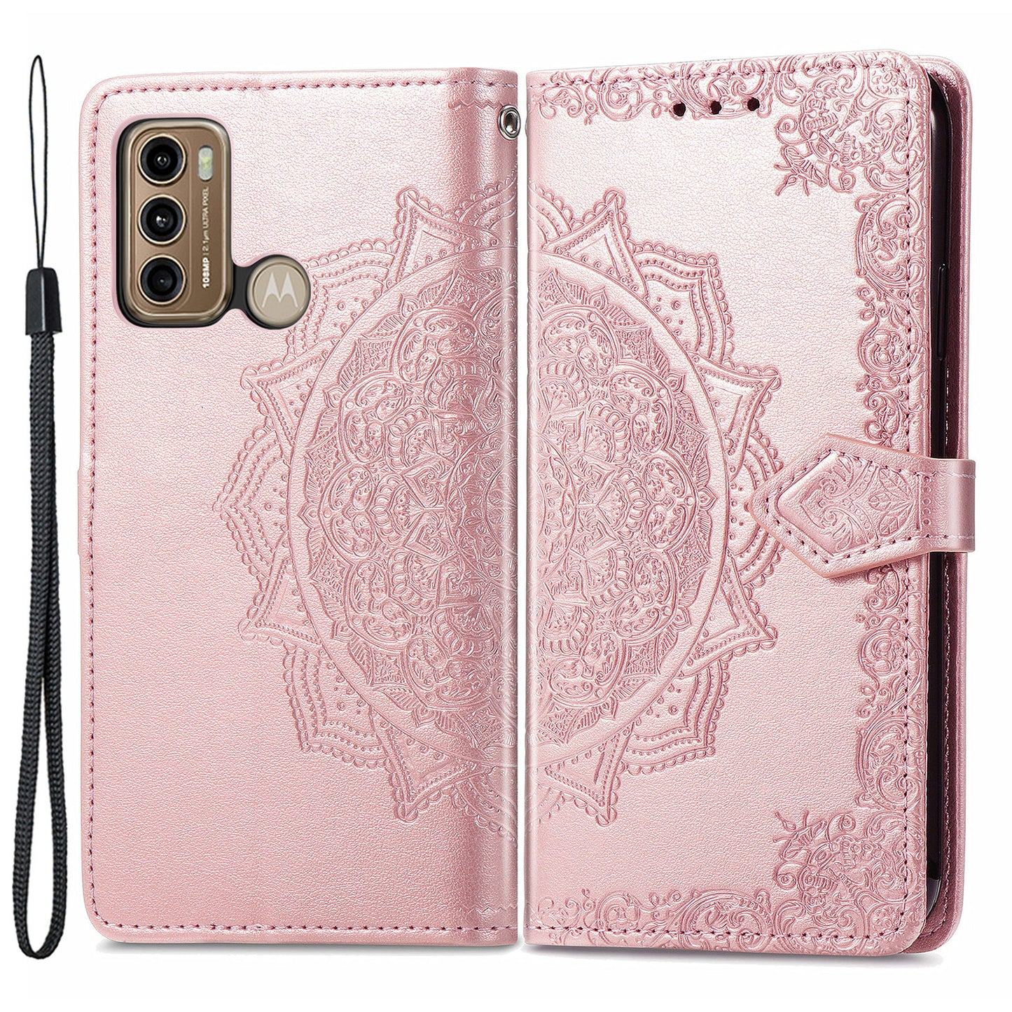 For Motorola Moto G60 4G Embossed Mandala Pattern PU Leather Flip Protective Case Magnetic Clasp Wallet Stand Function Phone Cover with Strap