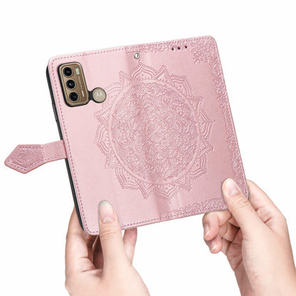 For Motorola Moto G60 4G Embossed Mandala Pattern PU Leather Flip Protective Case Magnetic Clasp Wallet Stand Function Phone Cover with Strap