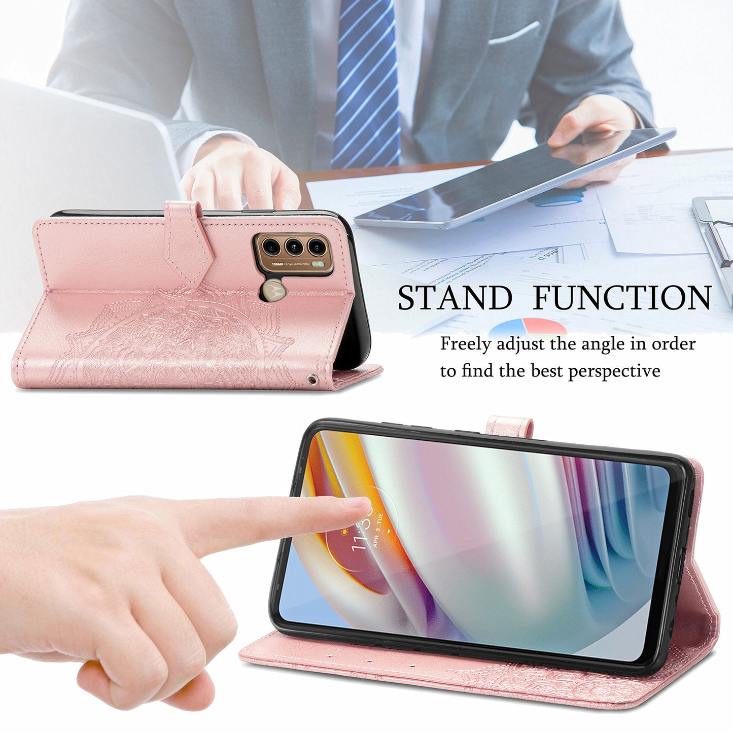 For Motorola Moto G60 4G Embossed Mandala Pattern PU Leather Flip Protective Case Magnetic Clasp Wallet Stand Function Phone Cover with Strap