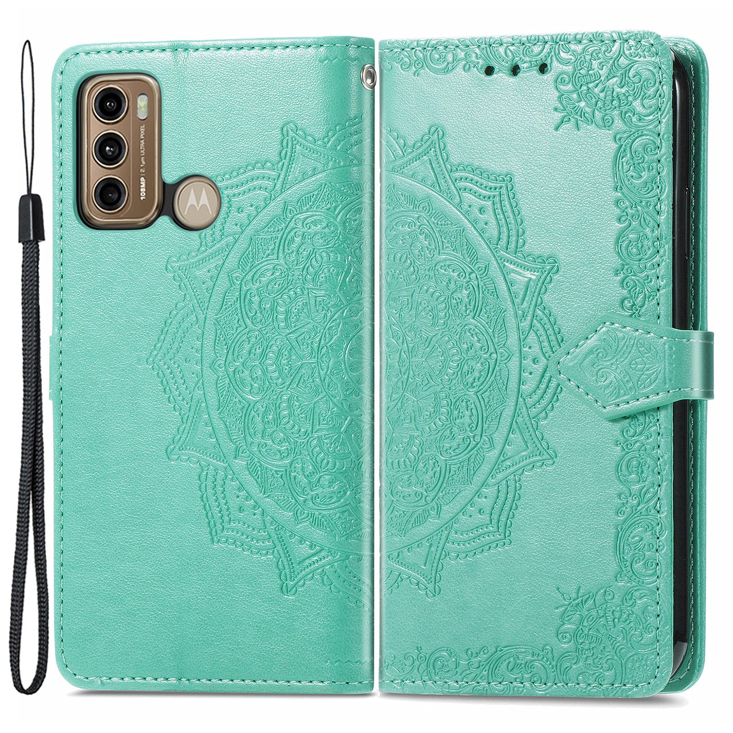 For Motorola Moto G60 4G Embossed Mandala Pattern PU Leather Flip Protective Case Magnetic Clasp Wallet Stand Function Phone Cover with Strap