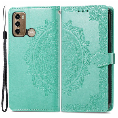 For Motorola Moto G60 4G Embossed Mandala Pattern PU Leather Flip Protective Case Magnetic Clasp Wallet Stand Function Phone Cover with Strap