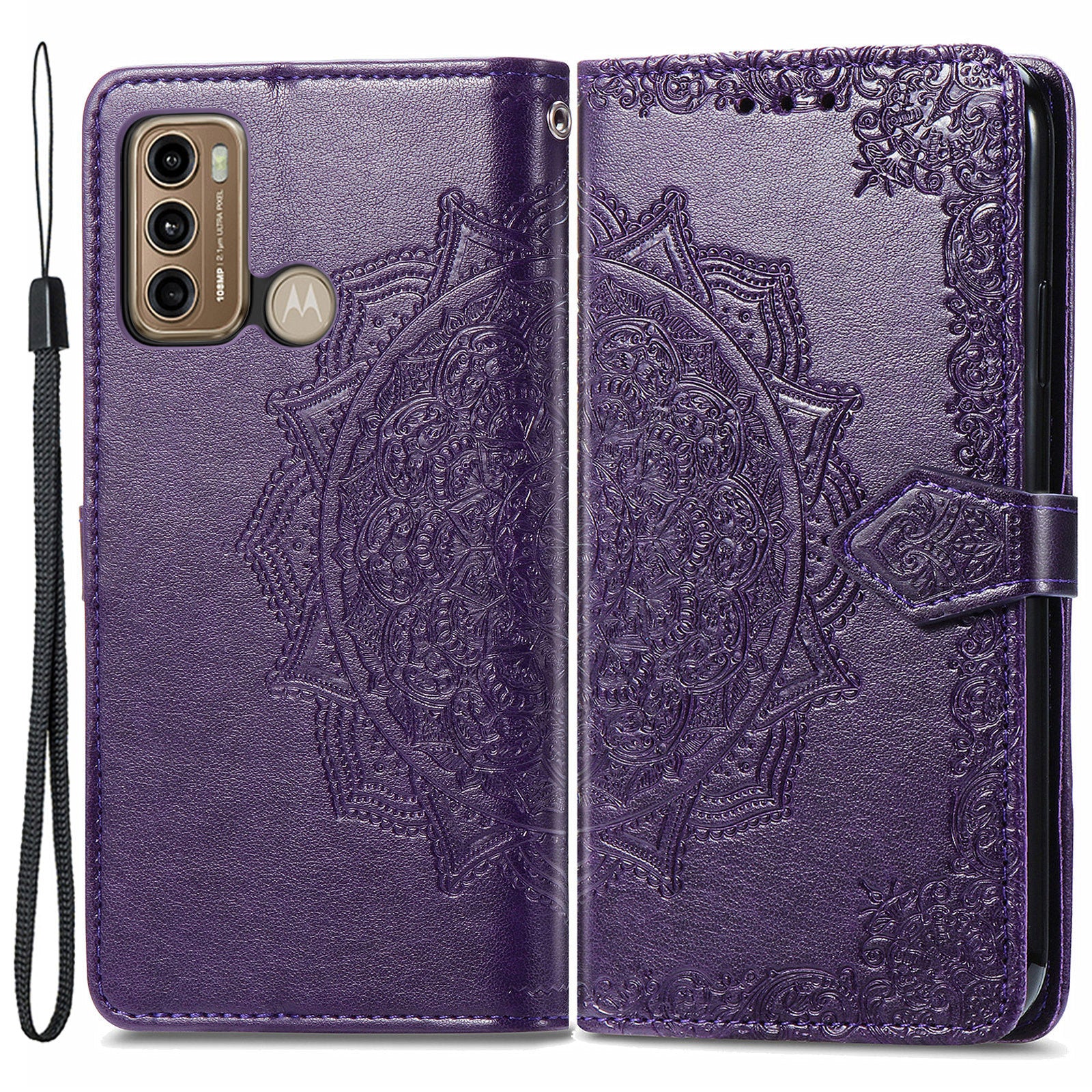 For Motorola Moto G60 4G Embossed Mandala Pattern PU Leather Flip Protective Case Magnetic Clasp Wallet Stand Function Phone Cover with Strap