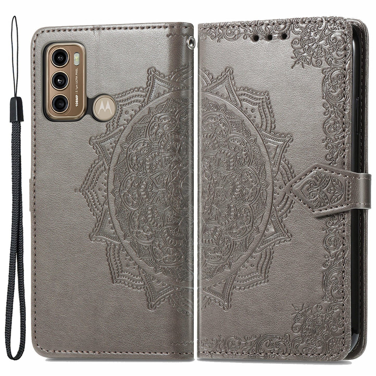 For Motorola Moto G60 4G Embossed Mandala Pattern PU Leather Flip Protective Case Magnetic Clasp Wallet Stand Function Phone Cover with Strap