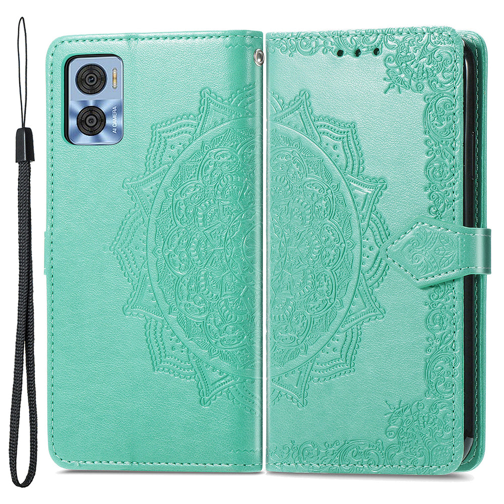 For Motorola Moto E22 4G / 22i 4G PU Leather Flip Protective Phone Case Embossed Mandala Pattern Wallet Stand Magnetic Cover with Strap