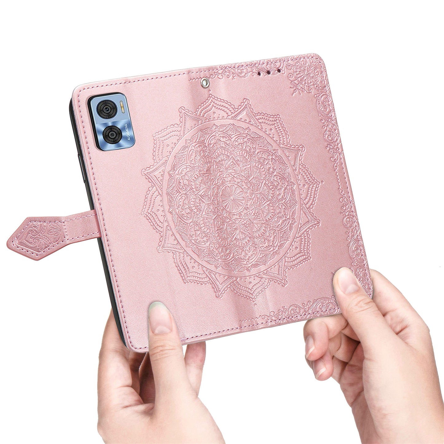 For Motorola Moto E22 4G / 22i 4G PU Leather Flip Protective Phone Case Embossed Mandala Pattern Wallet Stand Magnetic Cover with Strap