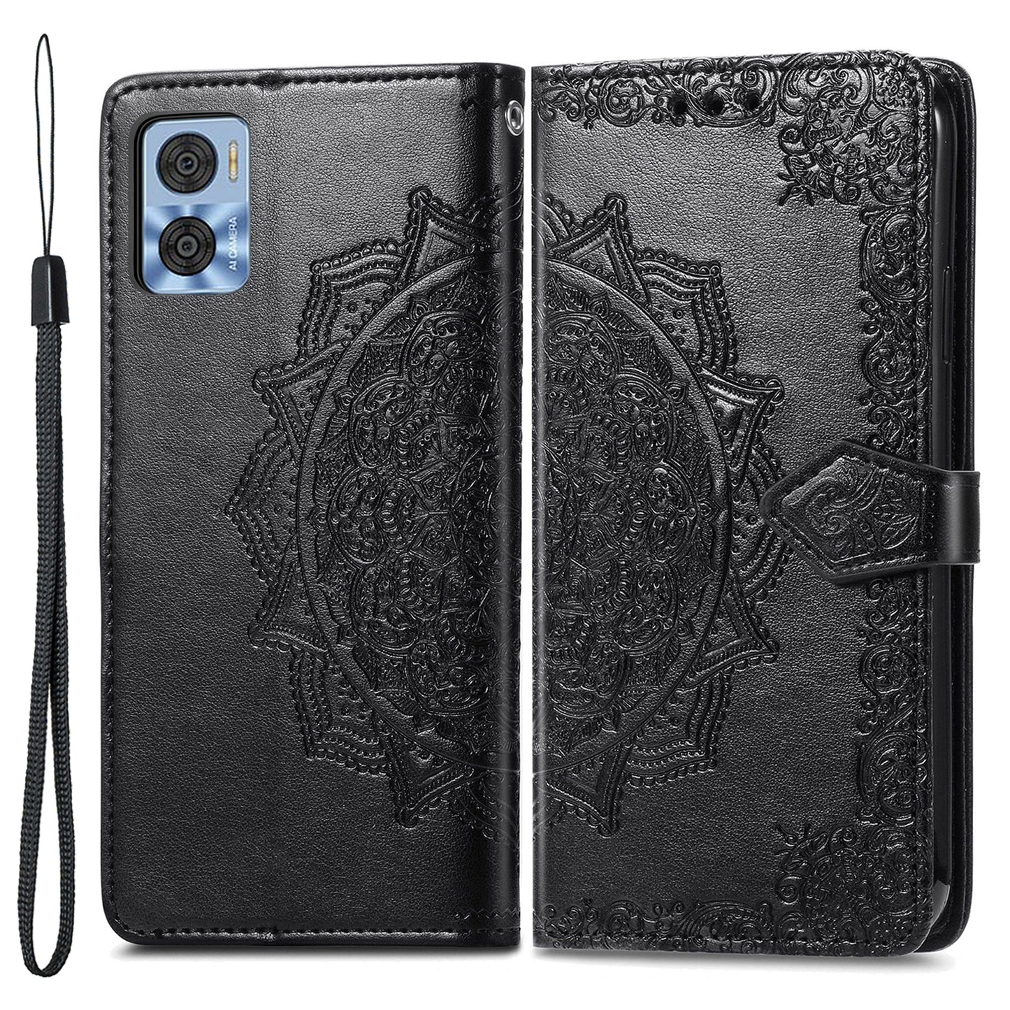 For Motorola Moto E22 4G / 22i 4G PU Leather Flip Protective Phone Case Embossed Mandala Pattern Wallet Stand Magnetic Cover with Strap