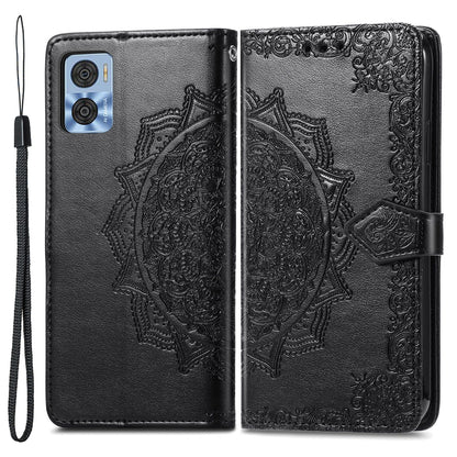 For Motorola Moto E22 4G / 22i 4G PU Leather Flip Protective Phone Case Embossed Mandala Pattern Wallet Stand Magnetic Cover with Strap