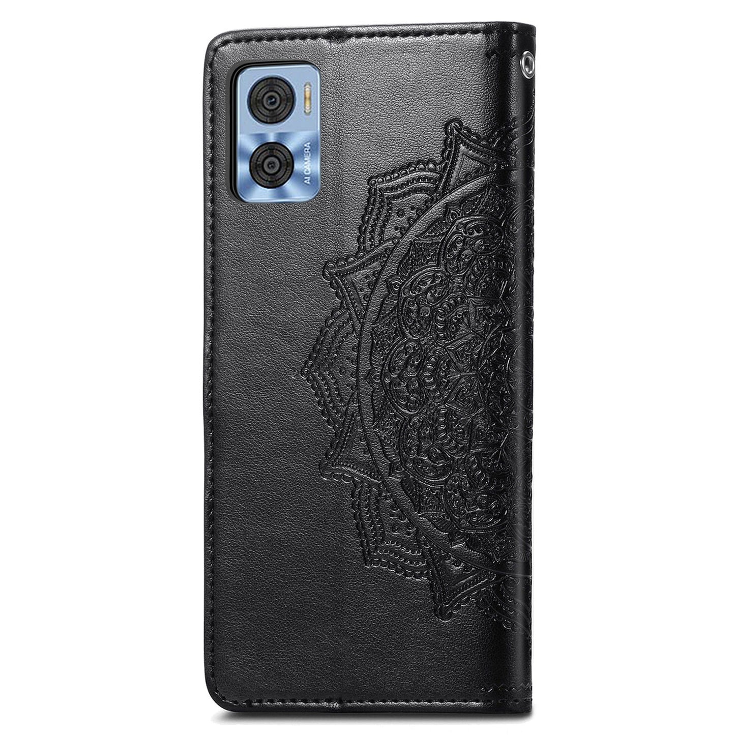 For Motorola Moto E22 4G / 22i 4G PU Leather Flip Protective Phone Case Embossed Mandala Pattern Wallet Stand Magnetic Cover with Strap