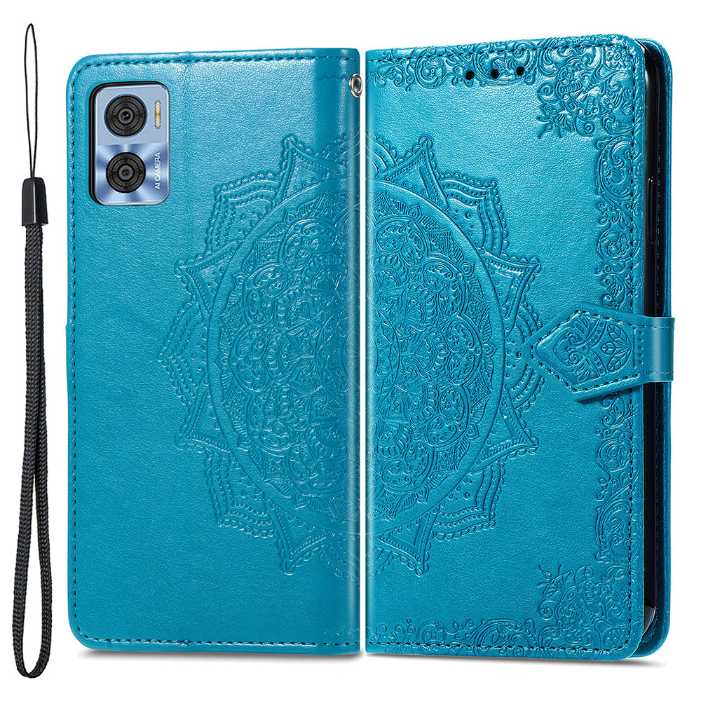 For Motorola Moto E22 4G / 22i 4G PU Leather Flip Protective Phone Case Embossed Mandala Pattern Wallet Stand Magnetic Cover with Strap