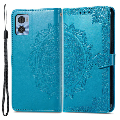 For Motorola Moto E22 4G / 22i 4G PU Leather Flip Protective Phone Case Embossed Mandala Pattern Wallet Stand Magnetic Cover with Strap