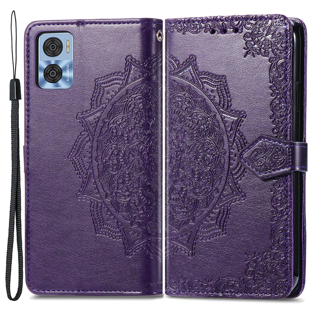 For Motorola Moto E22 4G / 22i 4G PU Leather Flip Protective Phone Case Embossed Mandala Pattern Wallet Stand Magnetic Cover with Strap