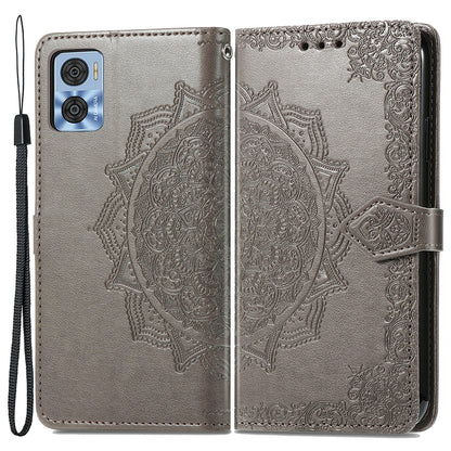 For Motorola Moto E22 4G / 22i 4G PU Leather Flip Protective Phone Case Embossed Mandala Pattern Wallet Stand Magnetic Cover with Strap