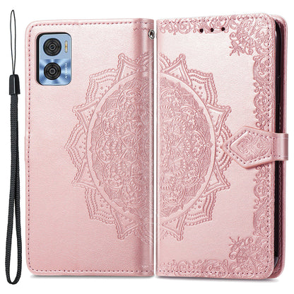 For Motorola Moto E22 4G / 22i 4G PU Leather Flip Protective Phone Case Embossed Mandala Pattern Wallet Stand Magnetic Cover with Strap