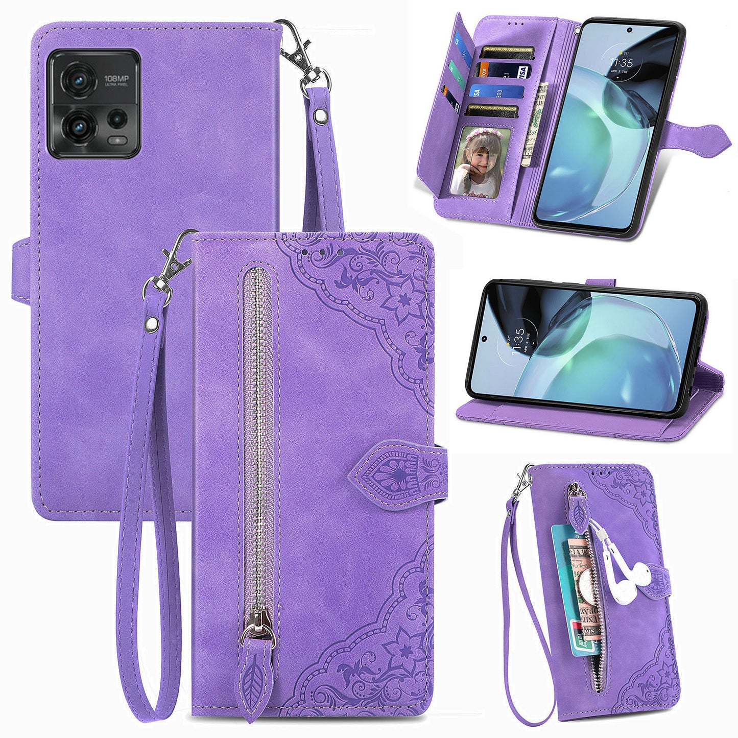 For Motorola Moto G72 4G Flower Imprinted Pattern Zipper Pocket Cell Phone Cover Stand Shockproof Flip Leather Wallet Case