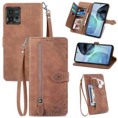 For Motorola Moto G72 4G Flower Imprinted Pattern Zipper Pocket Cell Phone Cover Stand Shockproof Flip Leather Wallet Case