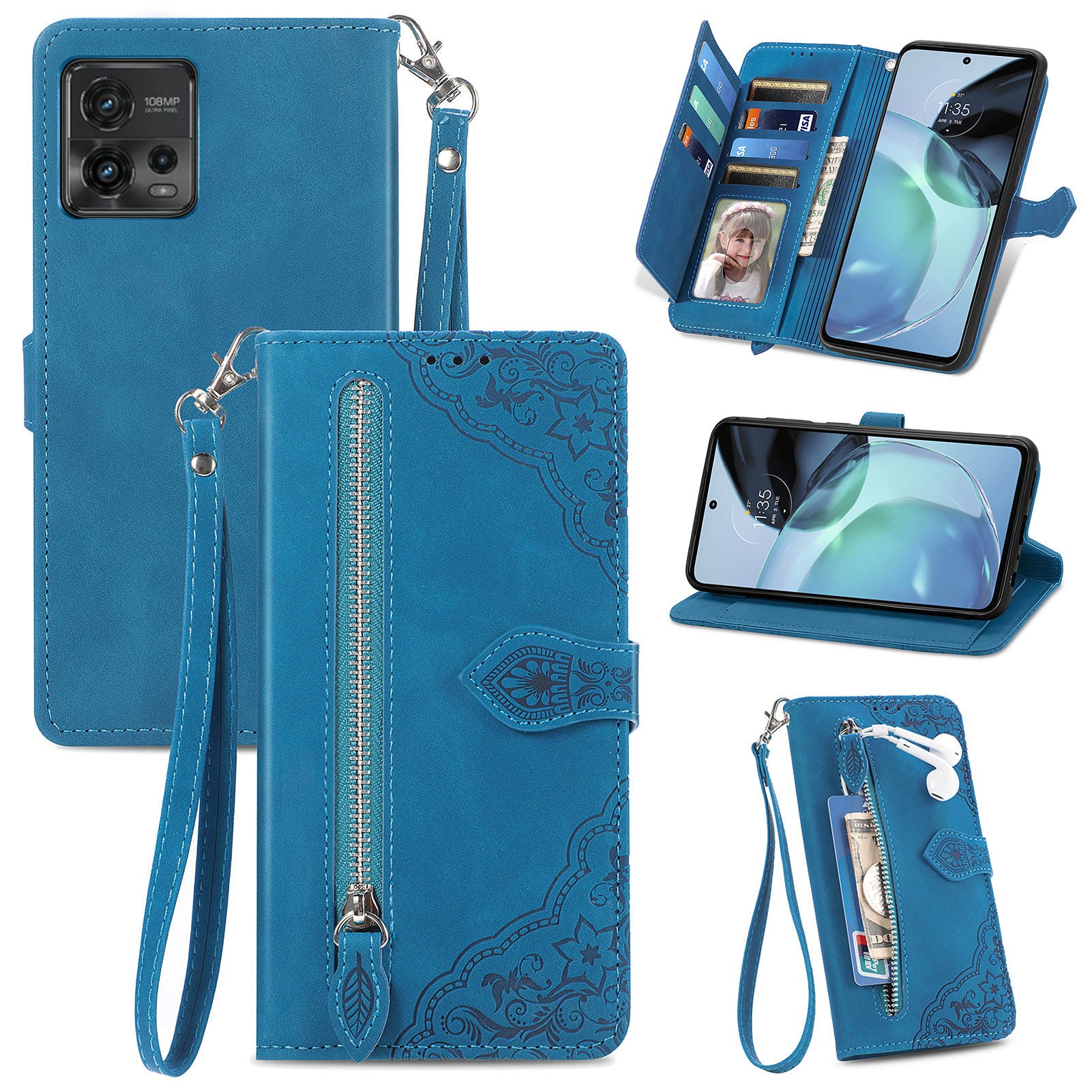 For Motorola Moto G72 4G Flower Imprinted Pattern Zipper Pocket Cell Phone Cover Stand Shockproof Flip Leather Wallet Case