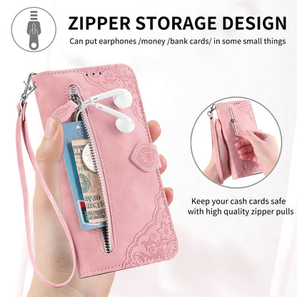 For Motorola Moto G72 4G Flower Imprinted Pattern Zipper Pocket Cell Phone Cover Stand Shockproof Flip Leather Wallet Case