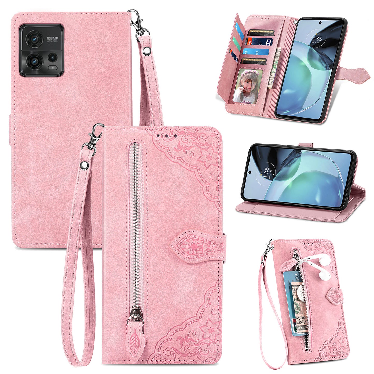 For Motorola Moto G72 4G Flower Imprinted Pattern Zipper Pocket Cell Phone Cover Stand Shockproof Flip Leather Wallet Case