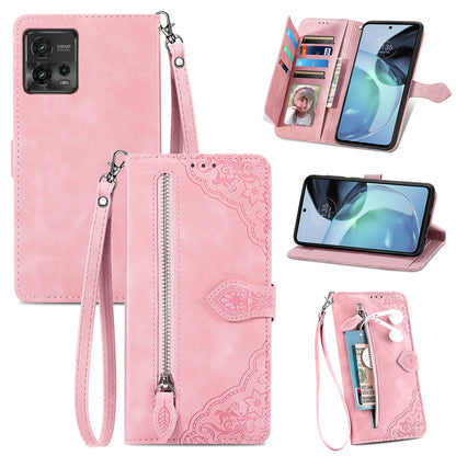 For Motorola Moto G72 4G Flower Imprinted Pattern Zipper Pocket Cell Phone Cover Stand Shockproof Flip Leather Wallet Case