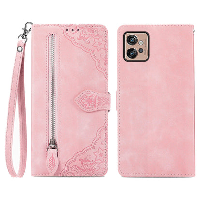 For Motorola Moto G32 4G Flower Imprinted Pattern Drop-proof PU Leather Zipper Pocket Cell Phone Cover Stand Wallet Case
