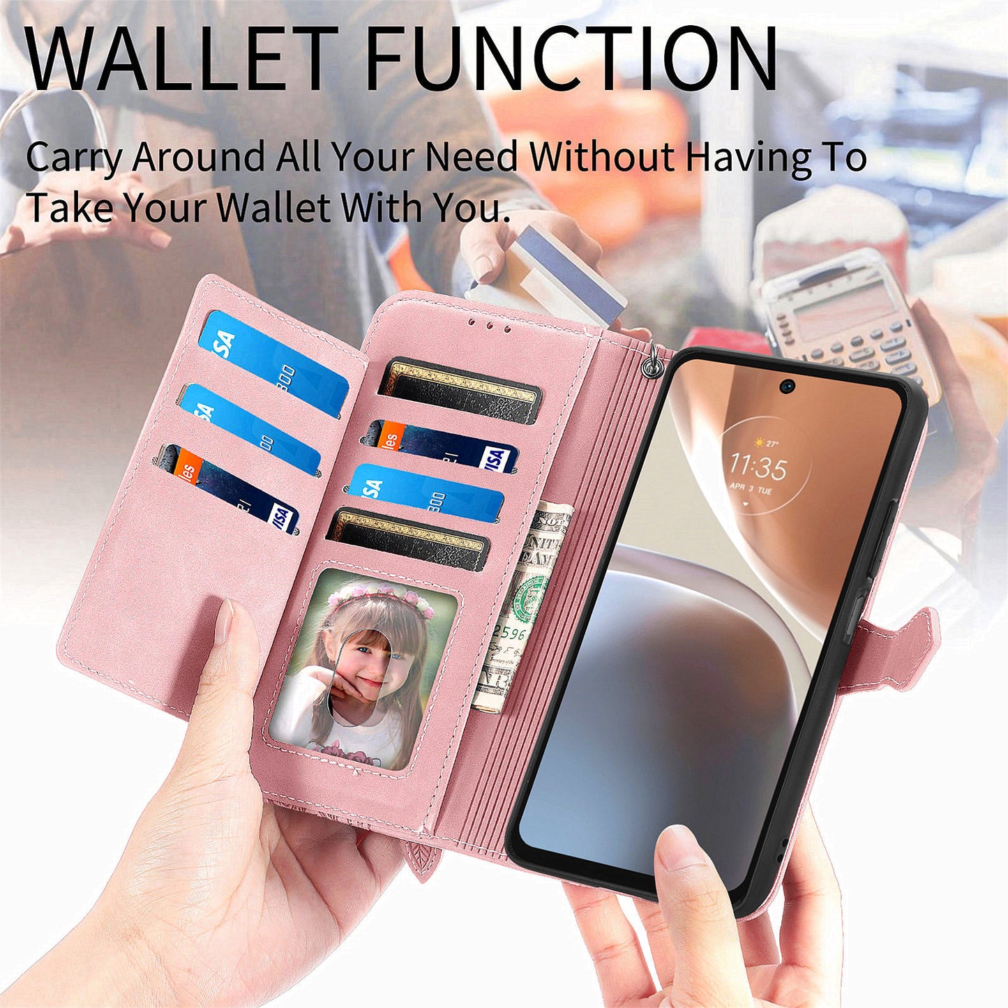 For Motorola Moto G32 4G Flower Imprinted Pattern Drop-proof PU Leather Zipper Pocket Cell Phone Cover Stand Wallet Case