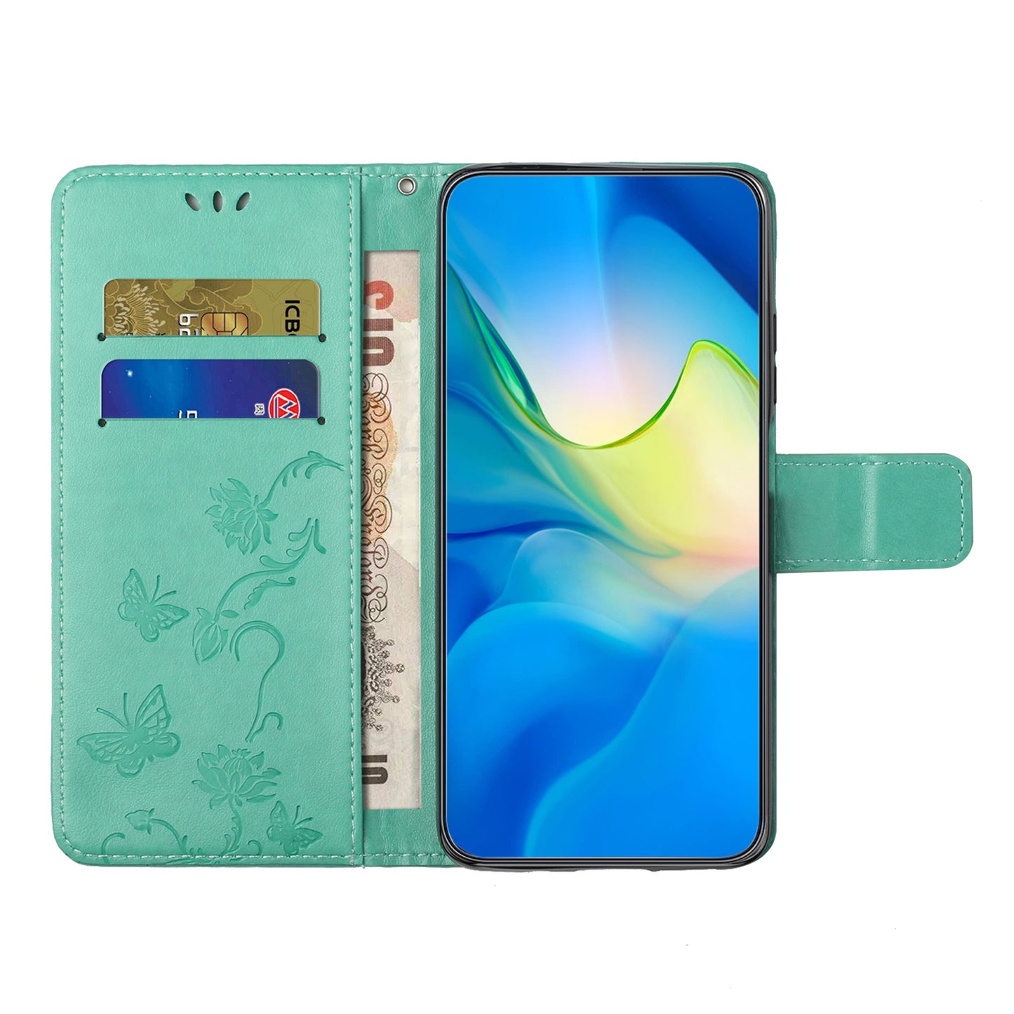 PU Leather Phone Cover For Xiaomi Redmi Note 12 Pro 5G, Imprinted Butterfly Flower Pattern Stand Wallet Phone Case with Strap