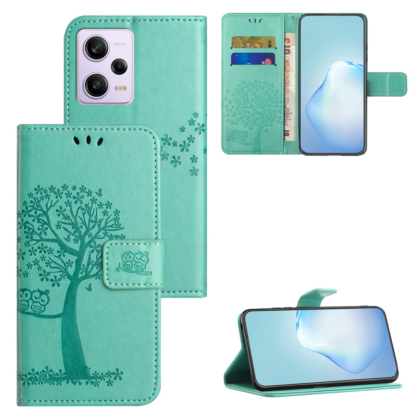 Drop-proof PU Leather Phone Case For Xiaomi Redmi Note 12 Pro 5G, Phone Wallet Cover Stand with Imprinted Owl Tree Pattern