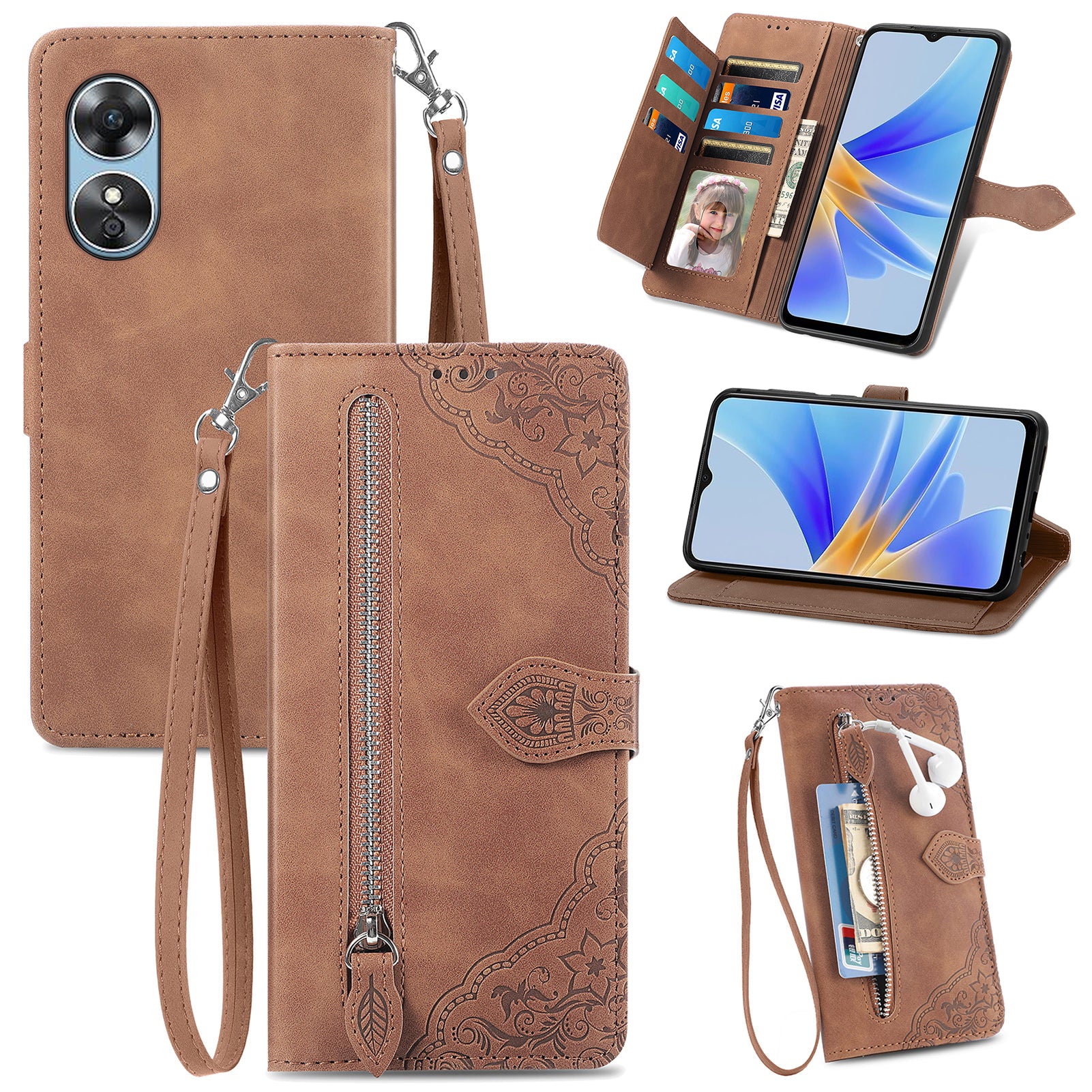 For Oppo A17 4G / A17k 4G Shockproof Phone Cover Flower Imprinted PU Leather Protective Mobile Phone Case with Wallet Stand