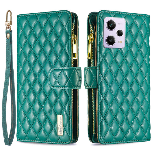 BINFEN COLOR BF Style-15 for Xiaomi Redmi Note 12 Pro 5G / Note 12 Pro Speed 5G / Poco X5 Pro 5G PU Leather Case Stand Zipper Pocket Phone Cover with Strap