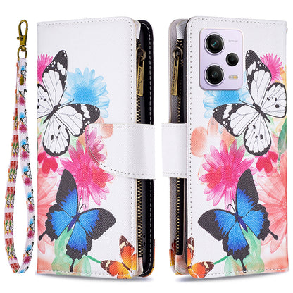 BF03 Zipper Pocket Phone Case for Xiaomi Redmi Note 12 Pro 5G / Note 12 Pro Speed 5G / Poco X5 Pro 5G, PU Leather Wallet Stand Pattern Printing Cover