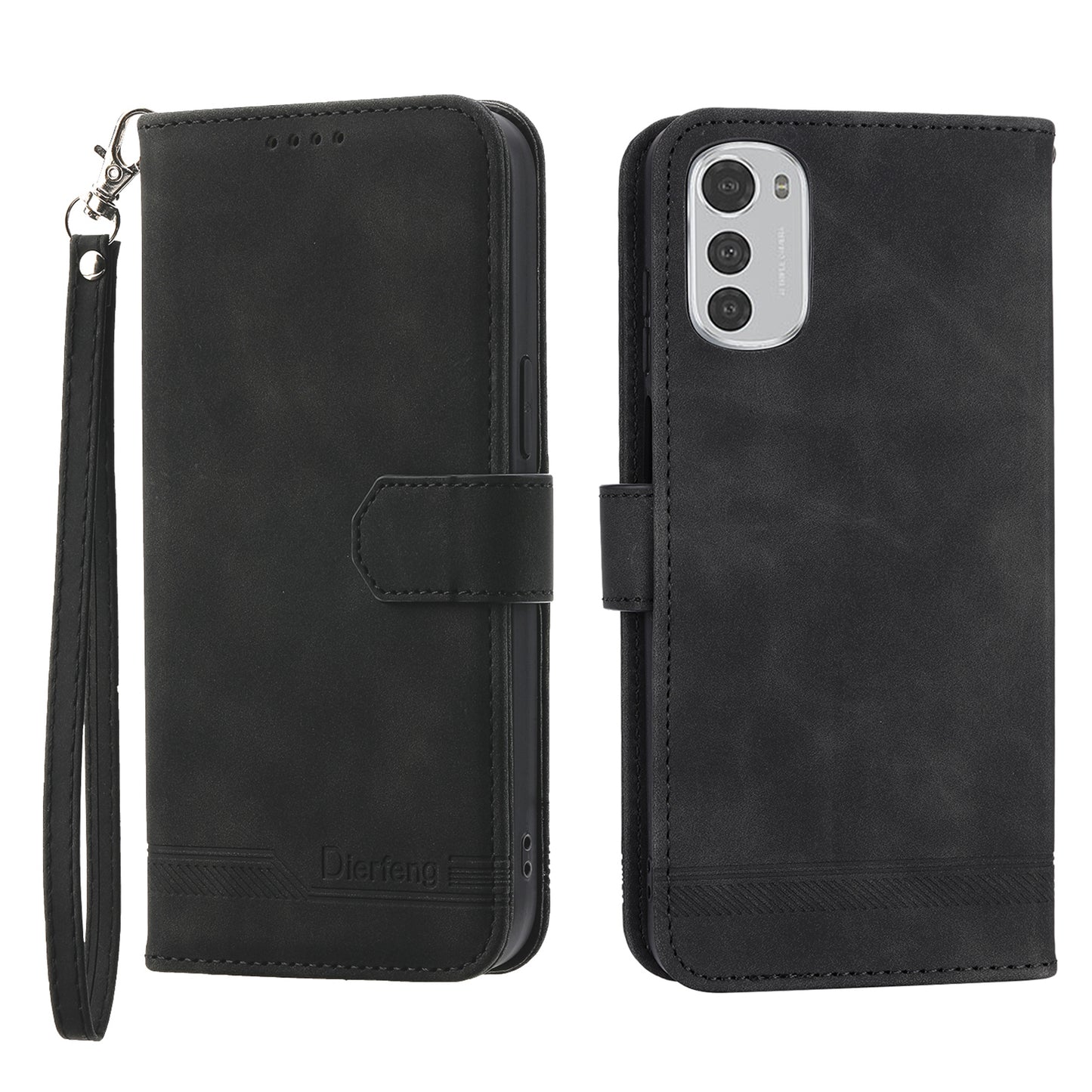 DIERFENG DF-03 Anti-scratch Leather Case for Motorola Moto E32 4G, Lines Imprinted Phone Wallet Stand Cover