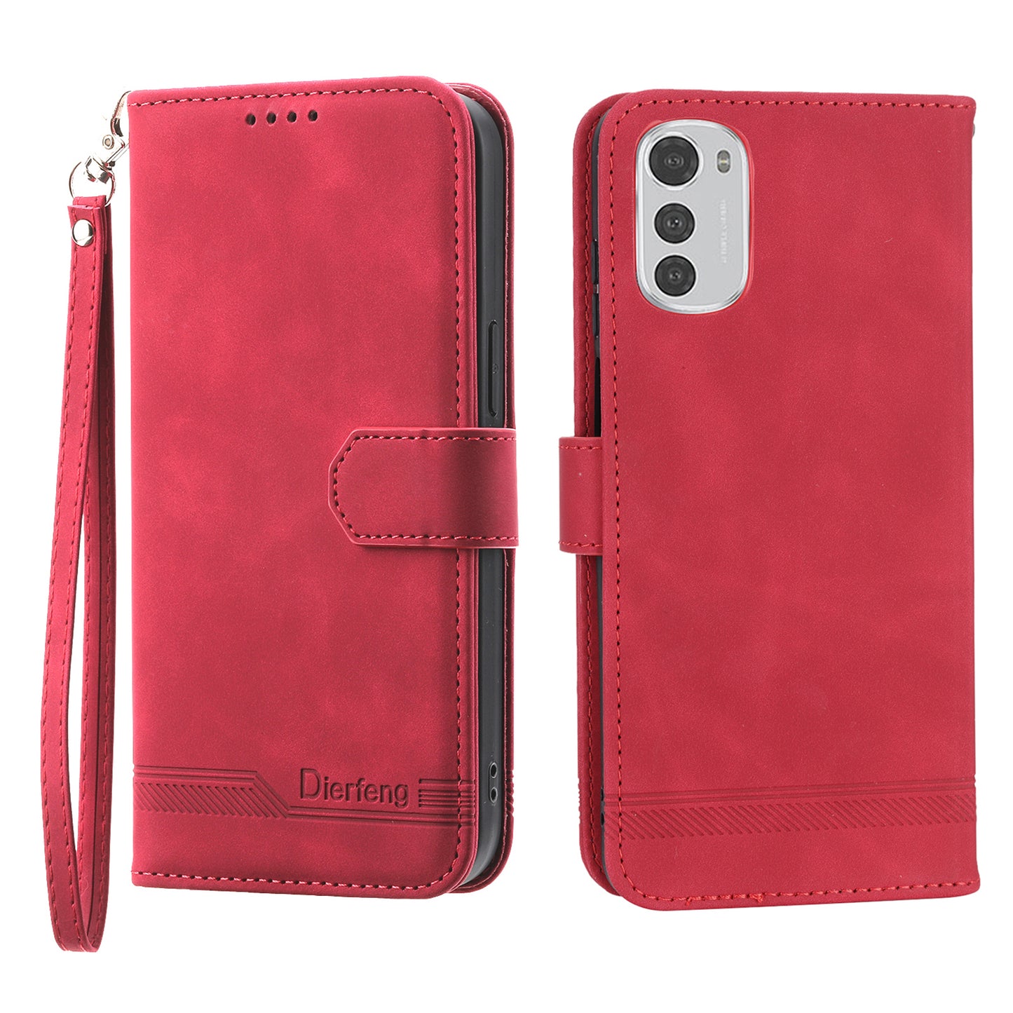 DIERFENG DF-03 Anti-scratch Leather Case for Motorola Moto E32 4G, Lines Imprinted Phone Wallet Stand Cover