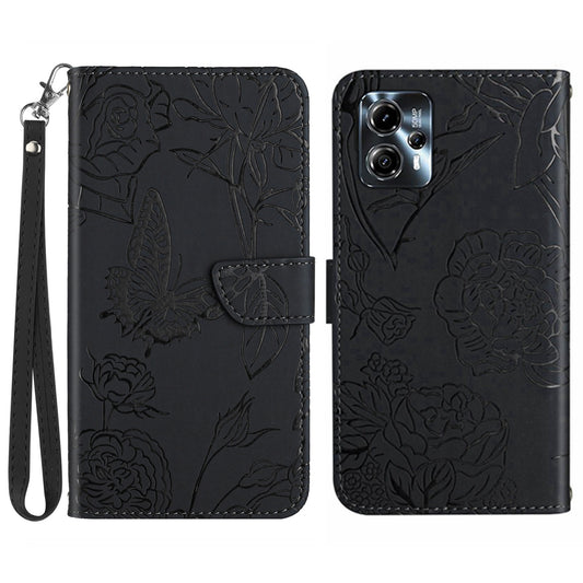 HT03 For Motorola Moto G23 4G / G13 4G Magnetic Phone Cover Imprinted Butterfly Flowers Skin-touch Feeling Flip Stand Case with Strap