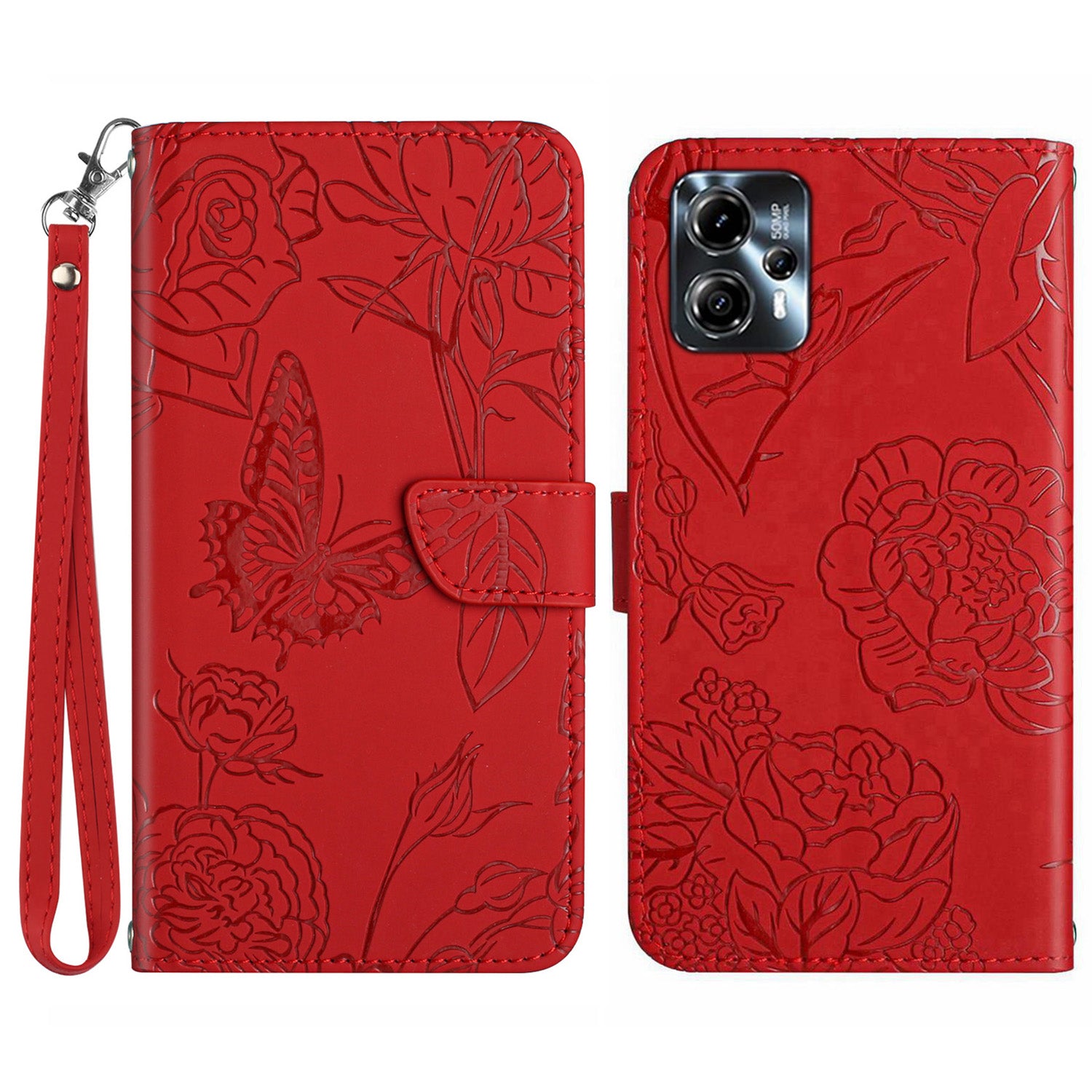 HT03 For Motorola Moto G23 4G / G13 4G Magnetic Phone Cover Imprinted Butterfly Flowers Skin-touch Feeling Flip Stand Case with Strap