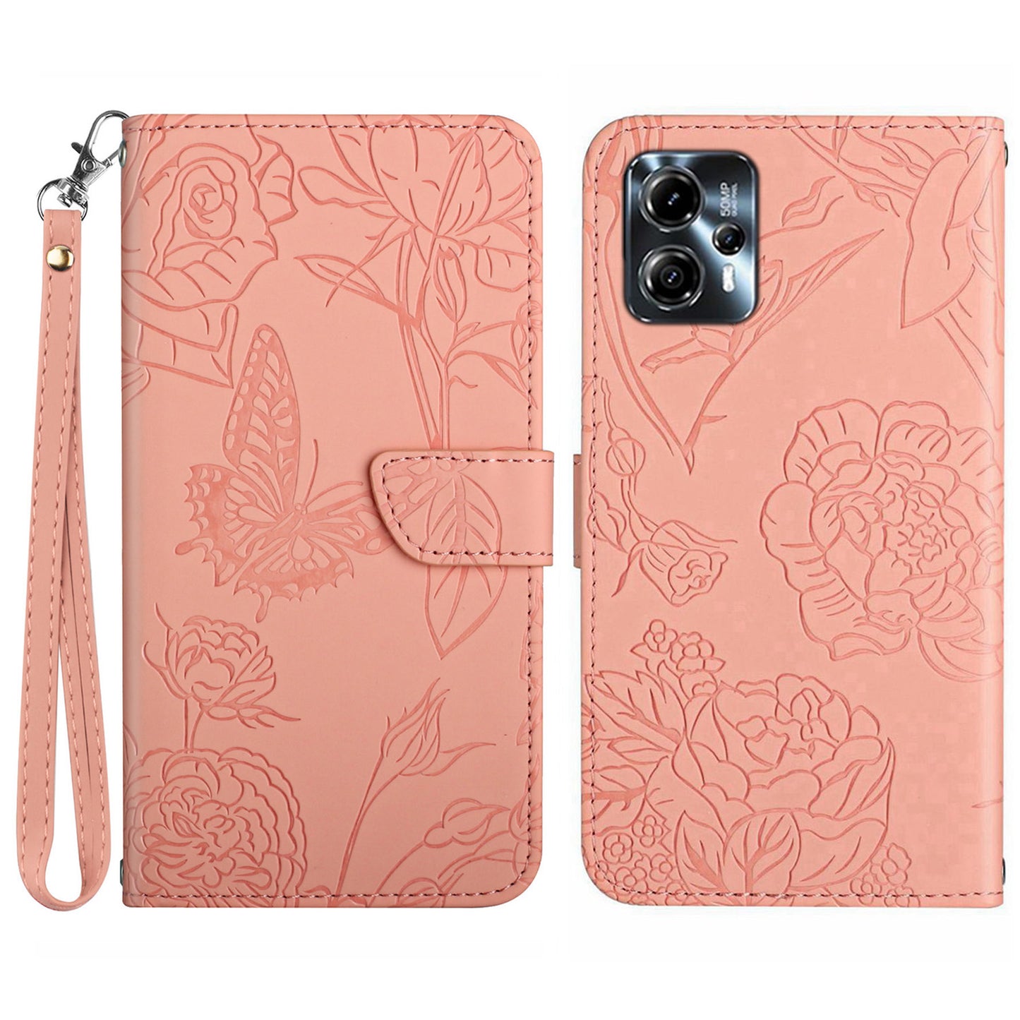 HT03 For Motorola Moto G23 4G / G13 4G Magnetic Phone Cover Imprinted Butterfly Flowers Skin-touch Feeling Flip Stand Case with Strap