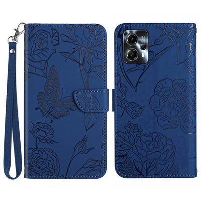 HT03 For Motorola Moto G23 4G / G13 4G Magnetic Phone Cover Imprinted Butterfly Flowers Skin-touch Feeling Flip Stand Case with Strap