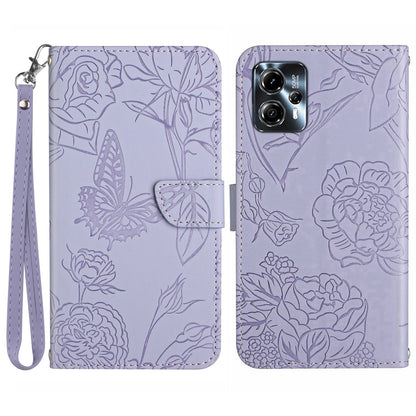 HT03 For Motorola Moto G23 4G / G13 4G Magnetic Phone Cover Imprinted Butterfly Flowers Skin-touch Feeling Flip Stand Case with Strap