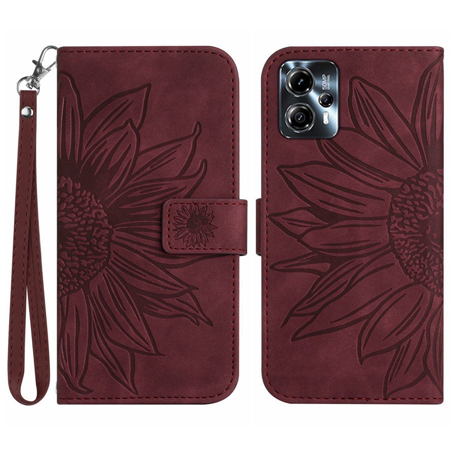 Anti-drop Phone Case For Motorola Moto G23 4G / G13 4G, HT04 Sunflower Imprinted Leather Anti-scratch Flip Wallet Cover Stand