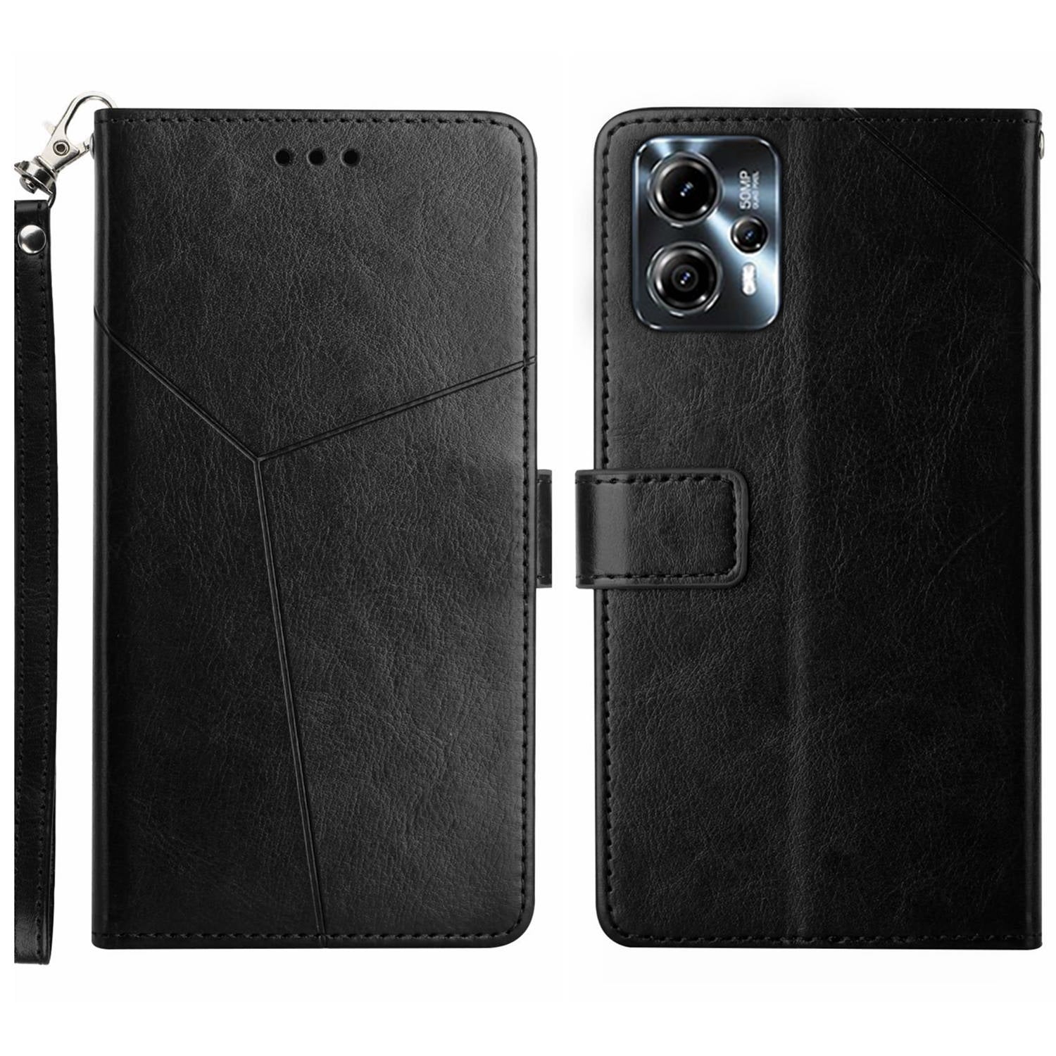 HT01 For Motorola Moto G23 4G / G13 4G Anti-dust Imprinted Y-shaped Line PU Leather Flip Phone Case Wallet Cover Foldable Phone Stand Shell with Strap