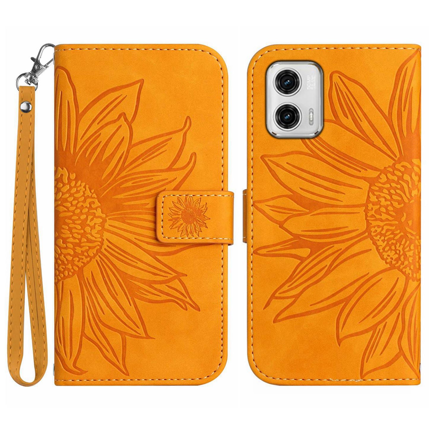 For Motorola Moto G73 5G Mobile Phone Case HT04 Sunflower Imprinted Leather Wallet Stand Skin-friendly Anti-scratch Phone Cover