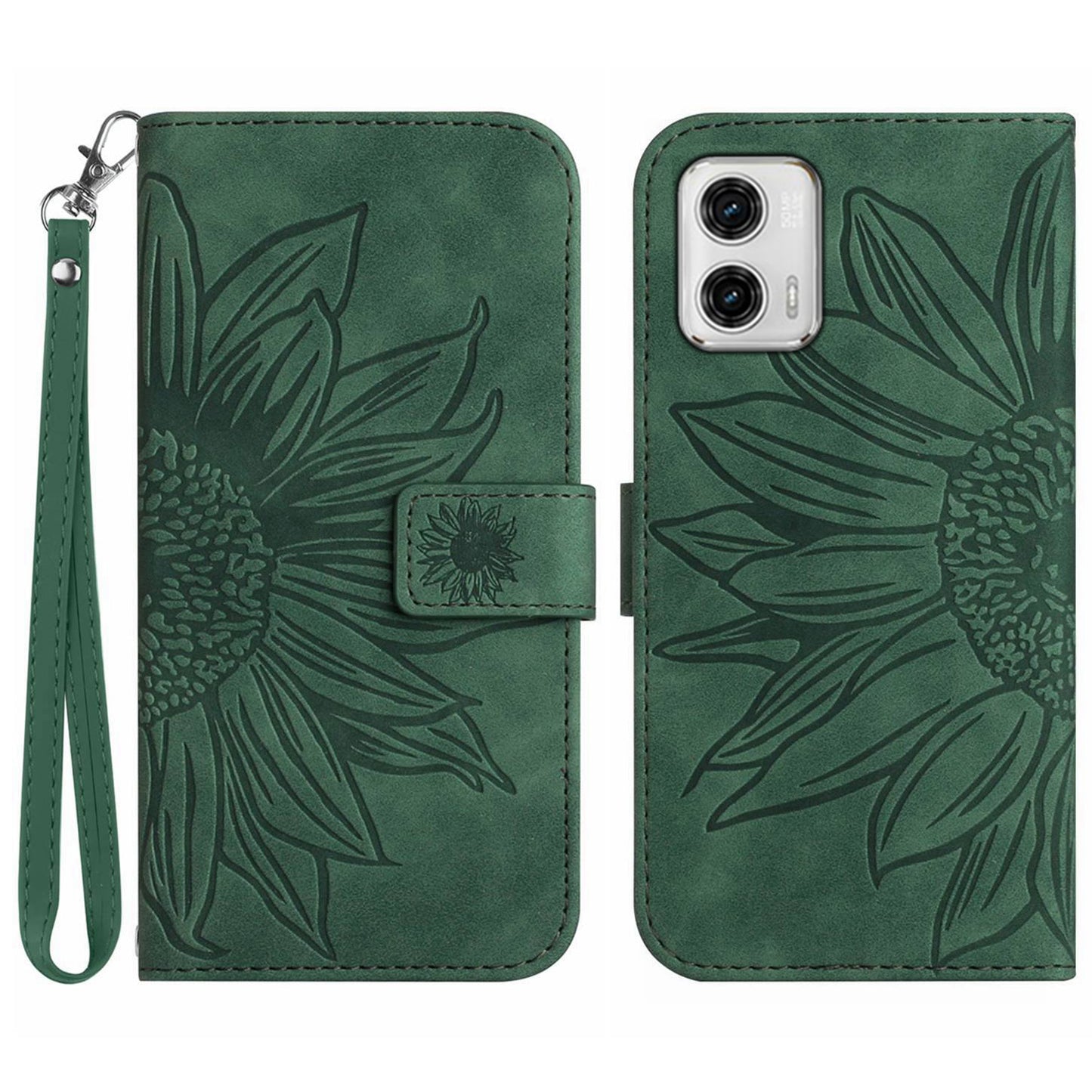 For Motorola Moto G73 5G Mobile Phone Case HT04 Sunflower Imprinted Leather Wallet Stand Skin-friendly Anti-scratch Phone Cover