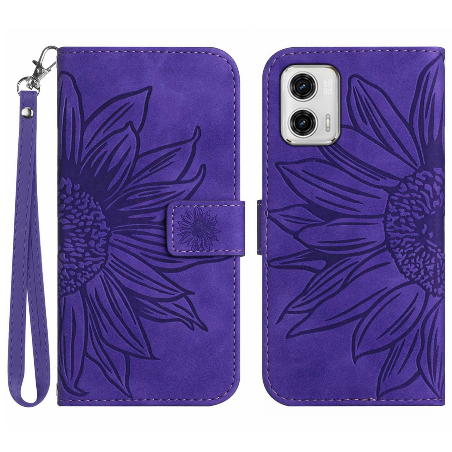 For Motorola Moto G73 5G Mobile Phone Case HT04 Sunflower Imprinted Leather Wallet Stand Skin-friendly Anti-scratch Phone Cover