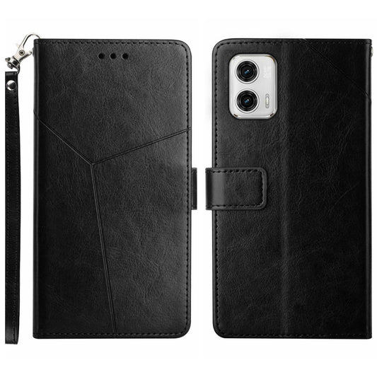 HT01 For Motorola Moto G73 5G Imprinted Y-shaped Line Phone Case PU Leather Flip Wallet Cover Foldable Phone Stand Shell with Strap