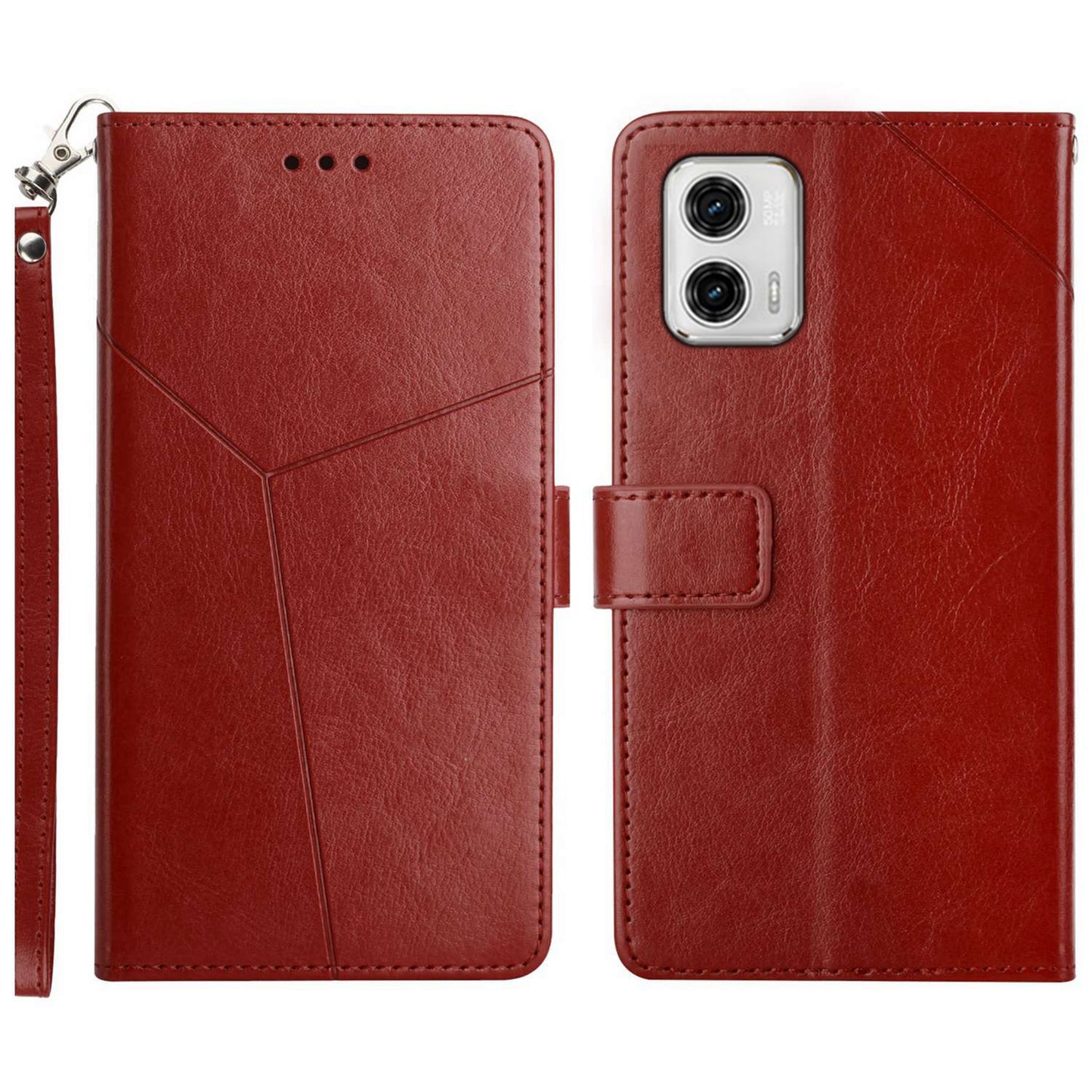 HT01 For Motorola Moto G73 5G Imprinted Y-shaped Line Phone Case PU Leather Flip Wallet Cover Foldable Phone Stand Shell with Strap